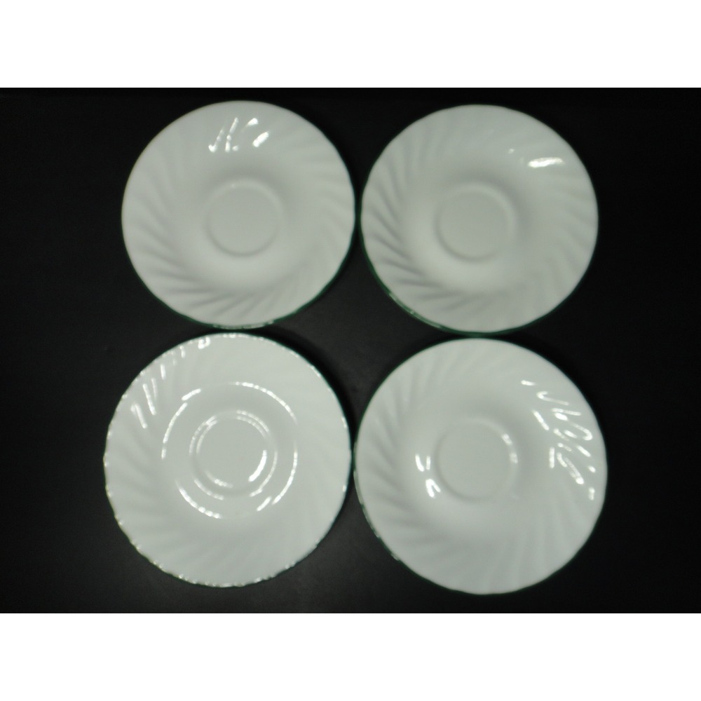 Corelle Corning Emerald Swirl Saucers Set of 4 White Green Trim Scalloped 6" VTG